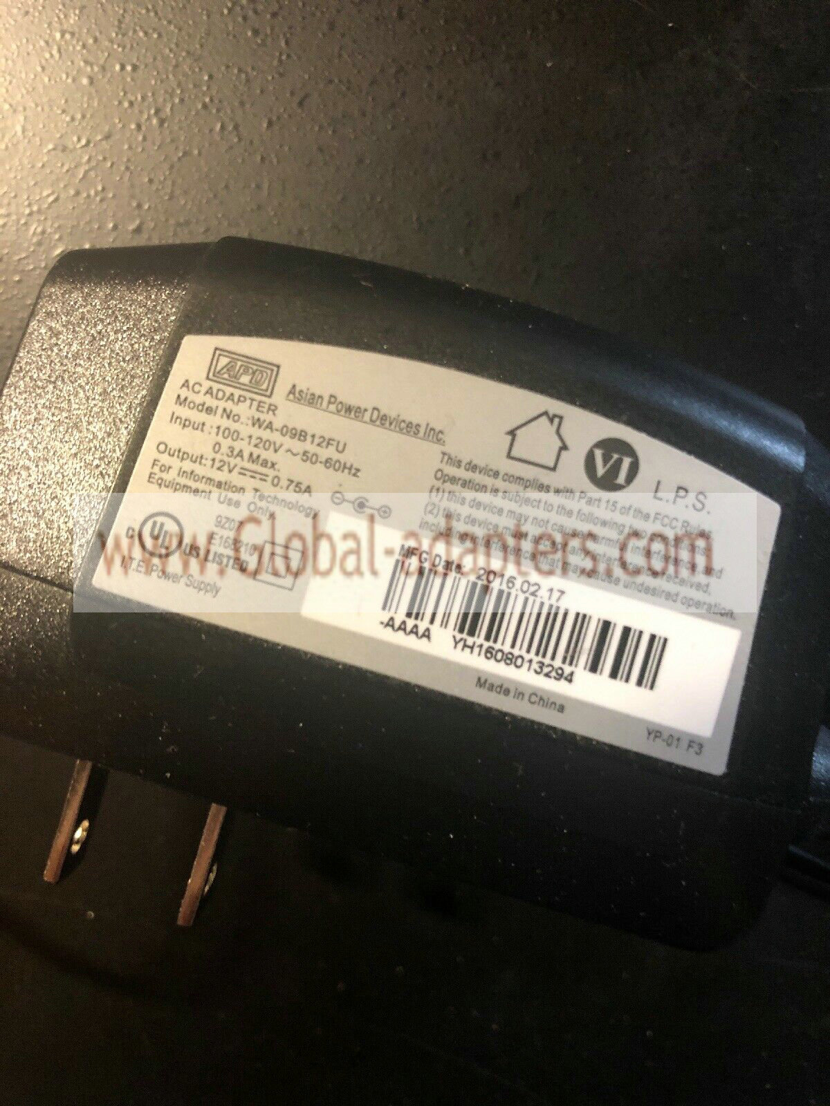 Brand new APD Asian Power Devices WA-09B12FU 12V 0.75A AC Adapter - Click Image to Close